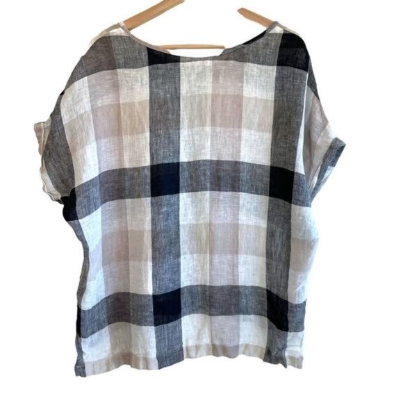 Buffalo Plaid Cuffed Sleeves 100% Linen Top - Picture 3 of 5